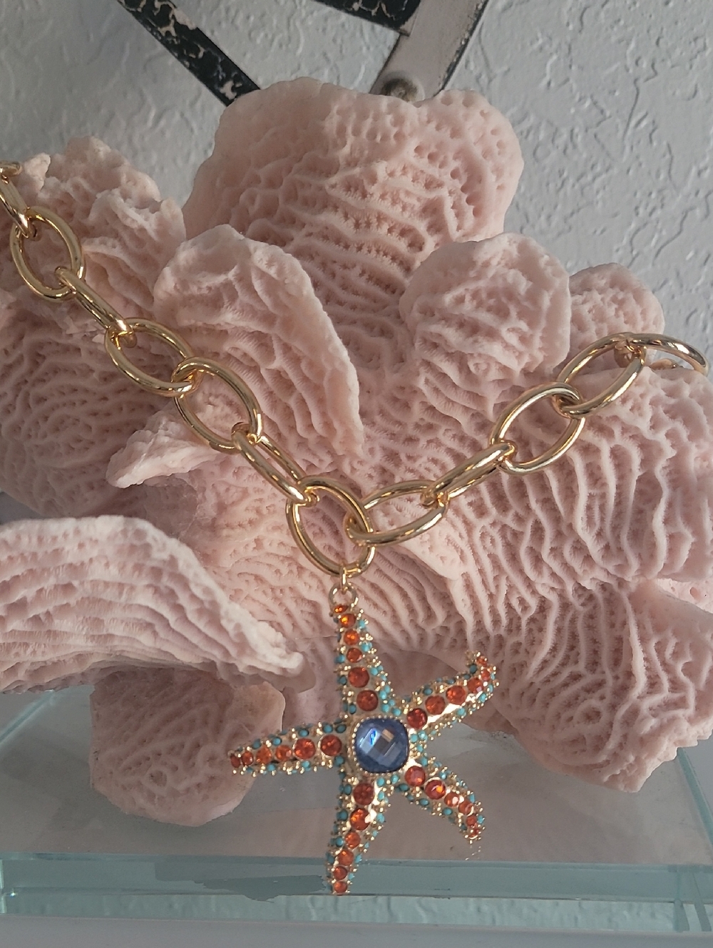 Betsey Johnson Gold-tone Chain Necklace with Blue and Orange Starfish